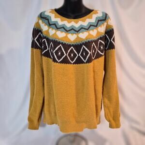 Boho Fair Isle Geometric Knit Crewneck Pullover Sweater Yellow Size S